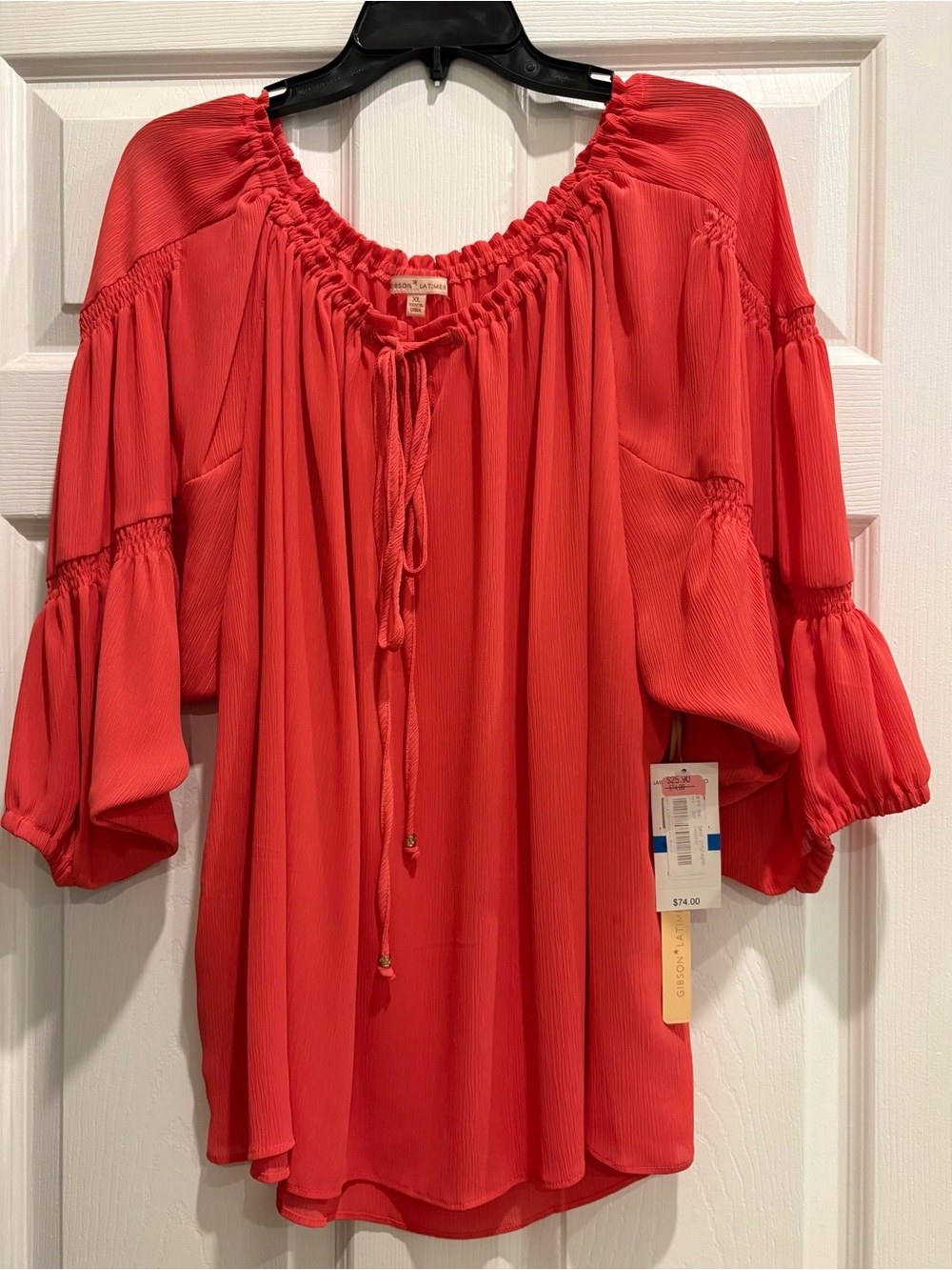 Gibson Coral Red Peasant Tunic with Tie Neck women’s extra large